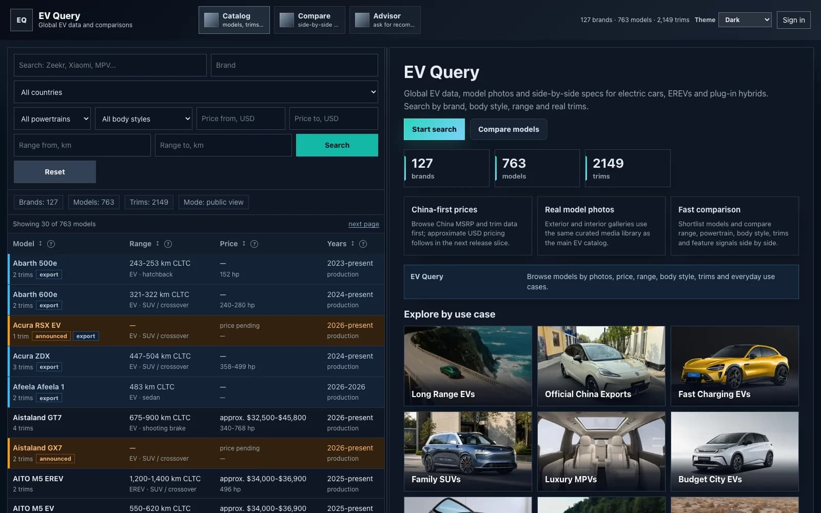 EVQuery.com: каталог и сравнение китайских электромобилей: изображение 1