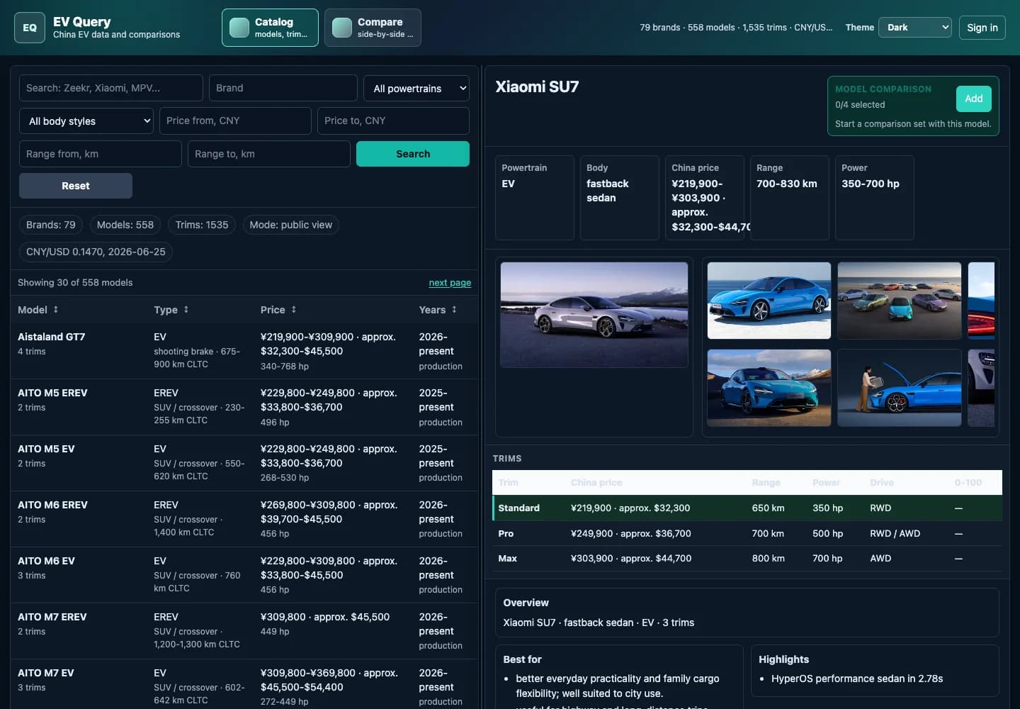 EVQuery.com: каталог и сравнение китайских электромобилей